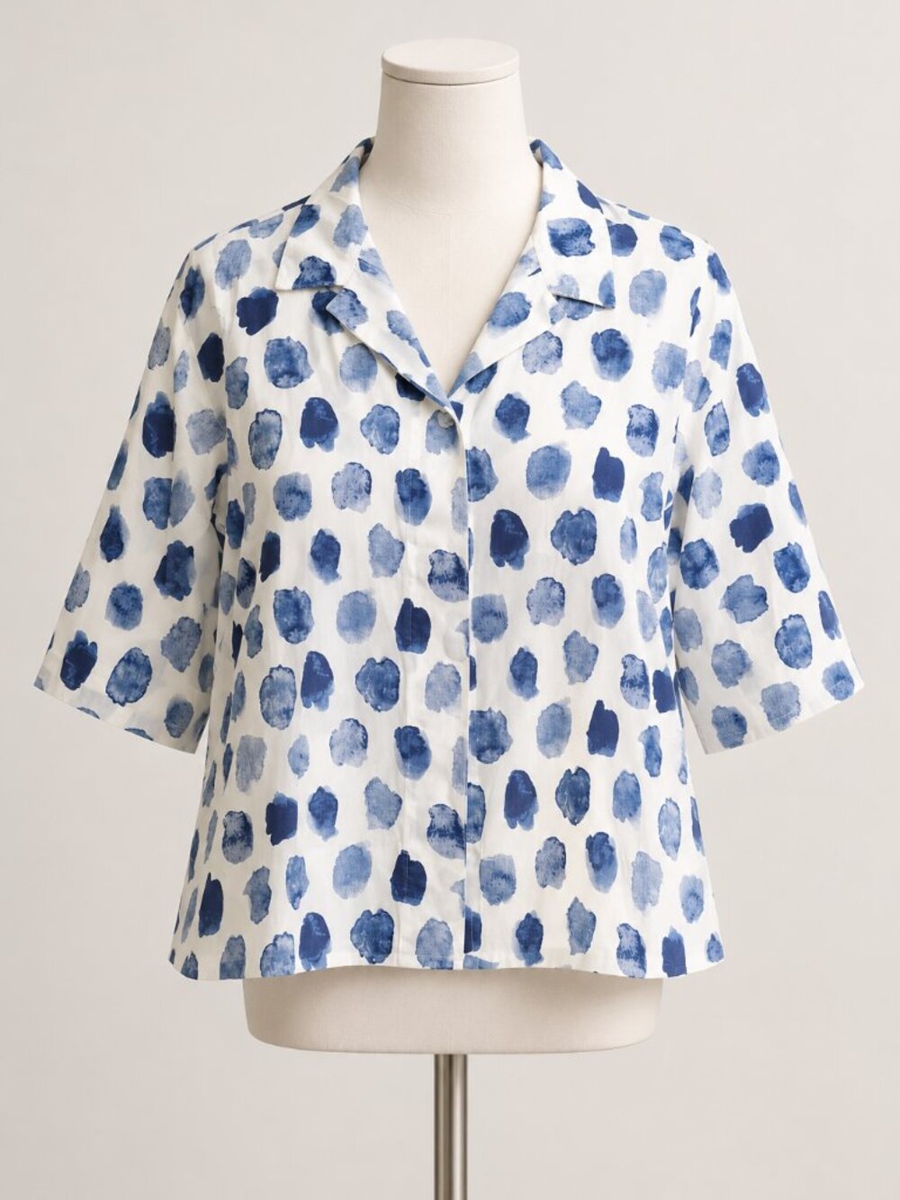 Tulip Blue Watercolor Dot Cotton Button Front Blouse XS 3/4 Sleeve India